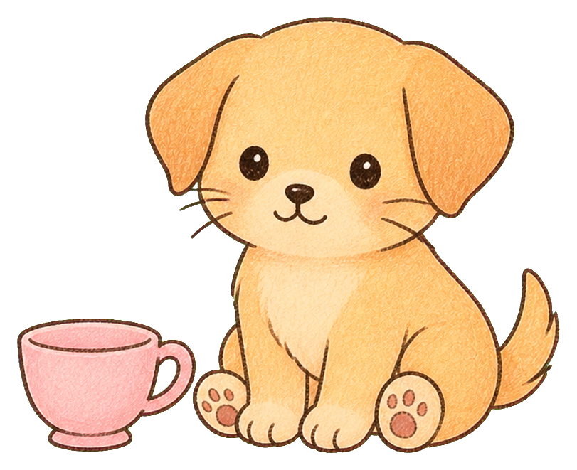 Cute kawaii puppy sitting beside a pink teacup