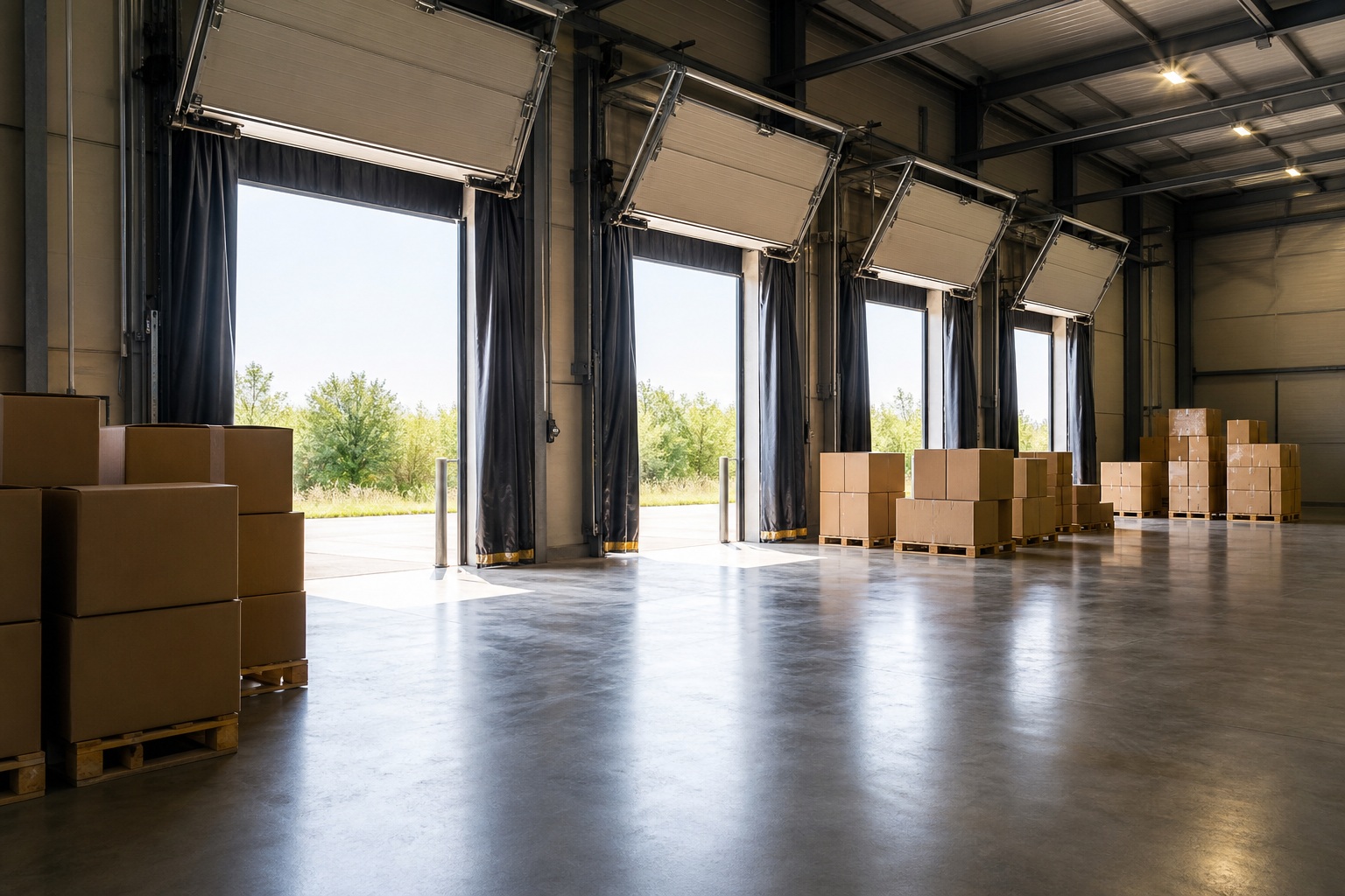 Spacious warehouse interior with open dock doors, stacked boxes, and bright daylight.