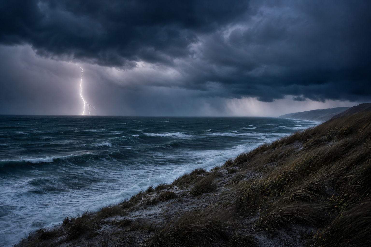 Lightning over a stormy ocean beside wind-swept dunes and dark clouds