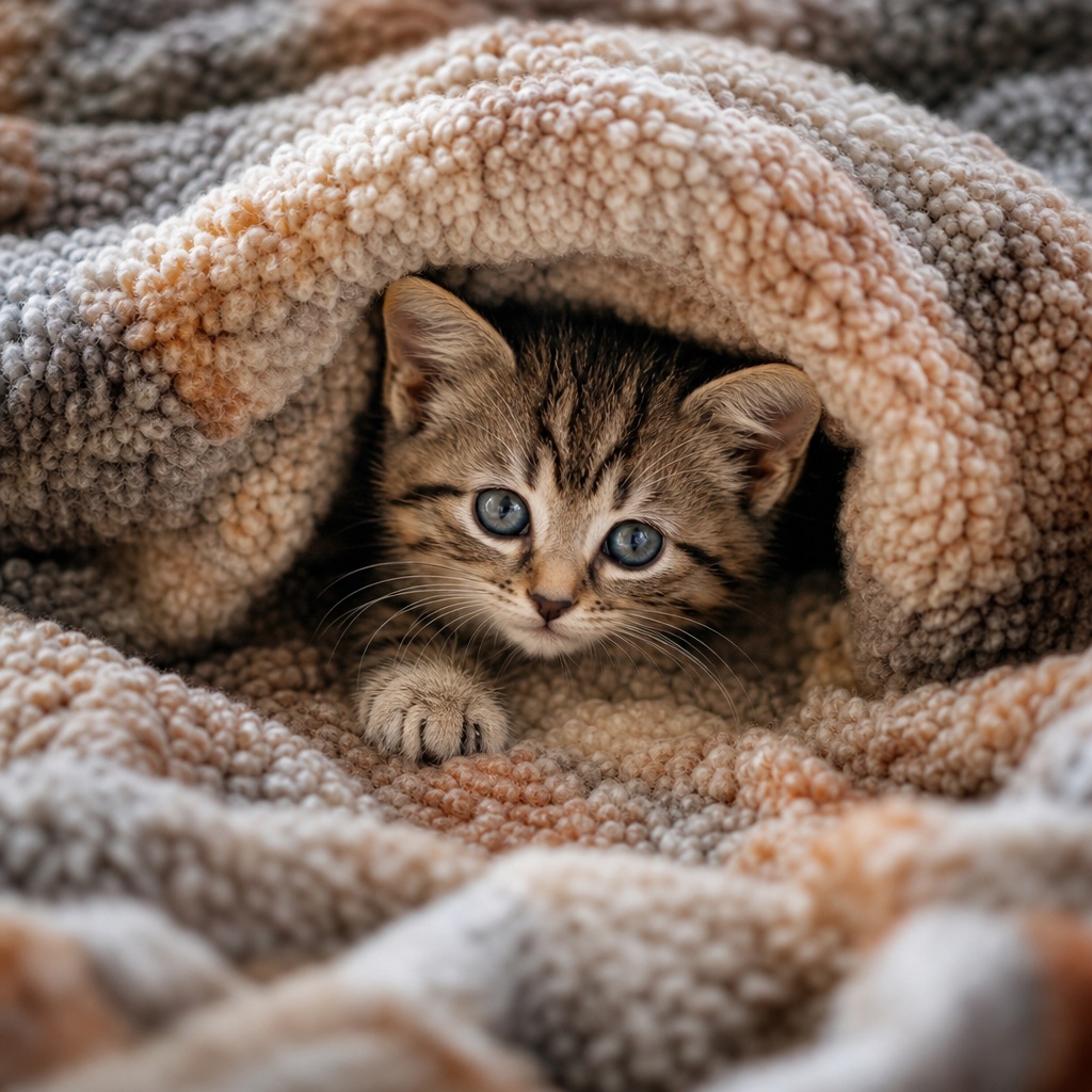 Small tabby kitten peeking out from a cozy blanket tunnel