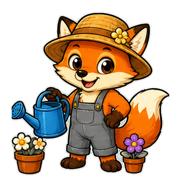 Smiling fox wearing a hat and overalls with a watering can and flower pots
