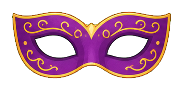 Purple masquerade mask with gold trim and decorative swirl details
