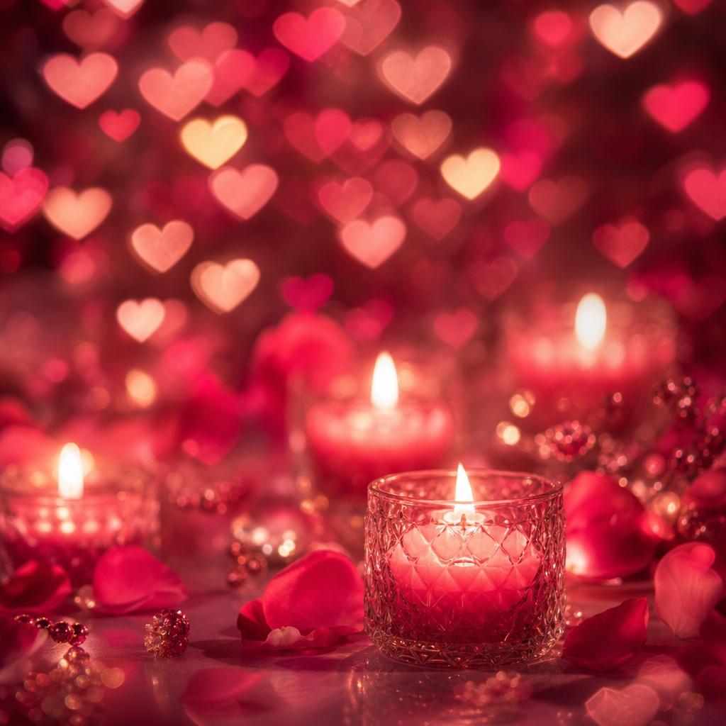 Pink candlelit heart bokeh with glowing lights, petals, and soft romantic blur.