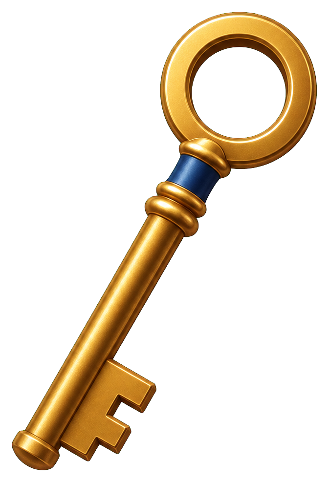 Gold key with a round bow and plain shaft on a transparent background.