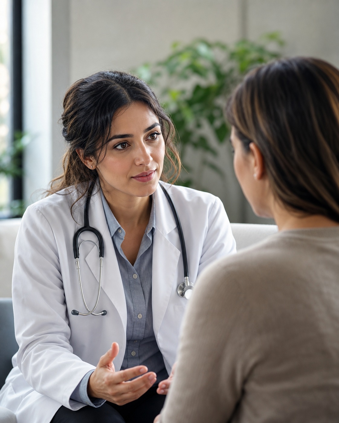 Doctor in a white coat talking with a seated patient in a bright office.