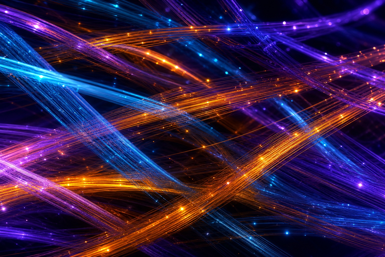 Abstract neon strands crossing in blue, purple, and orange on a dark background
