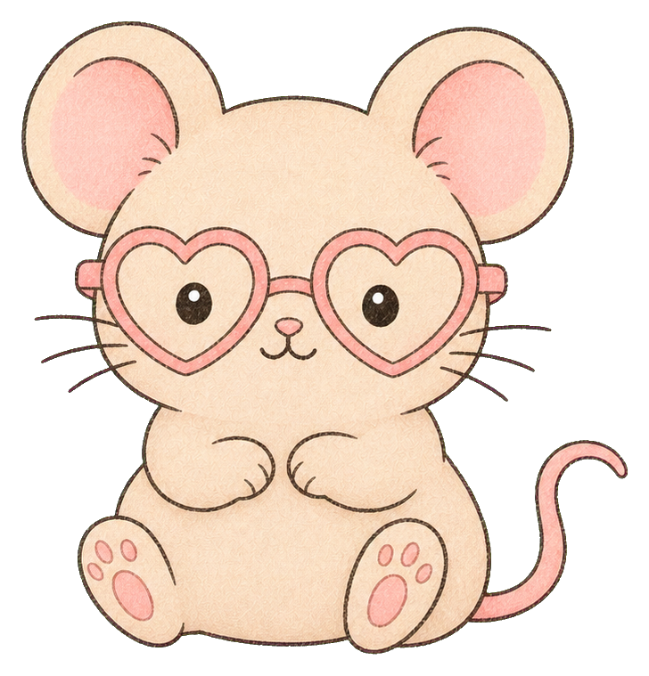 Cute beige mouse wearing heart-shaped glasses and sitting with a curled tail