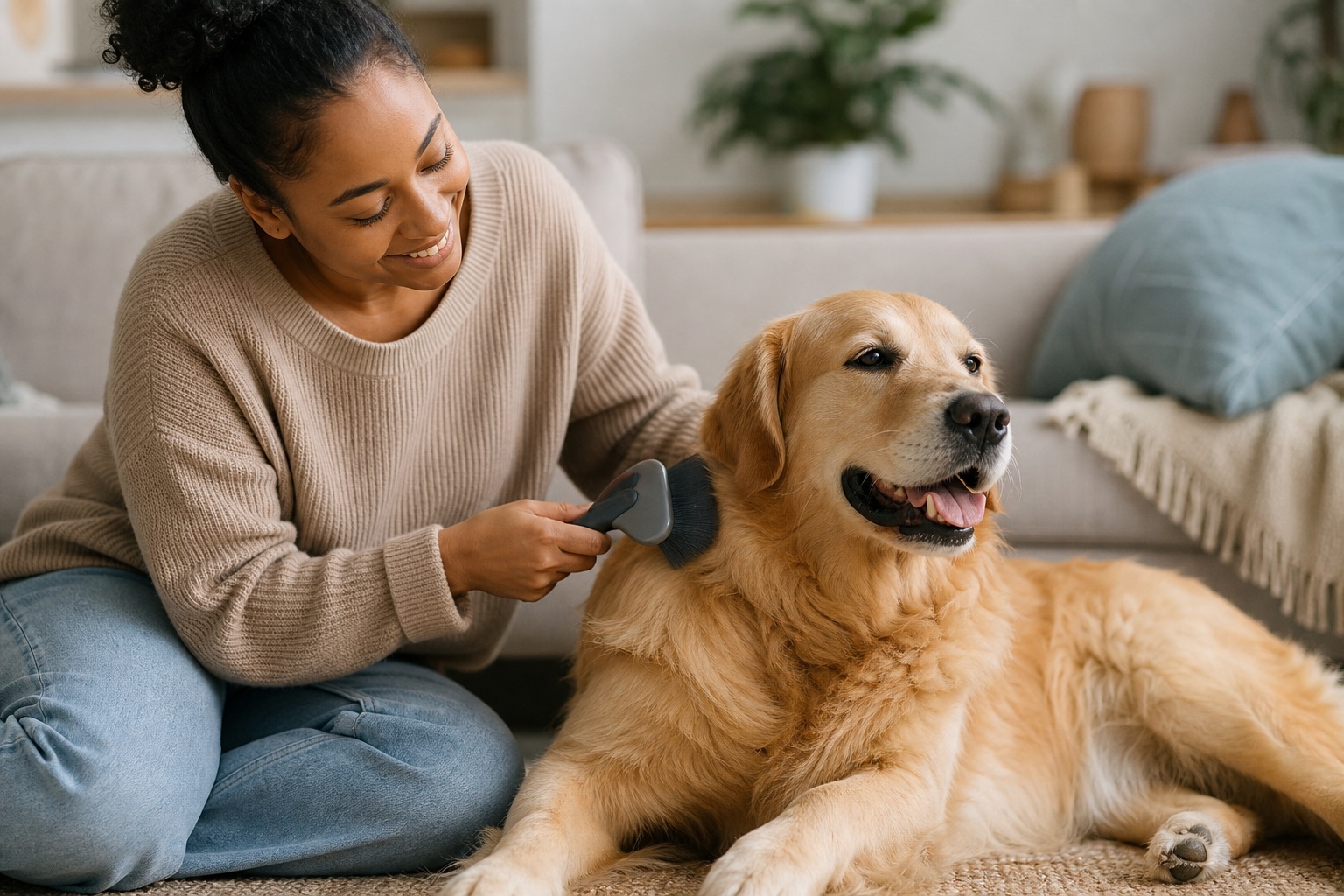 Woman sitting on the floor petting a golden retriever in a cozy living room