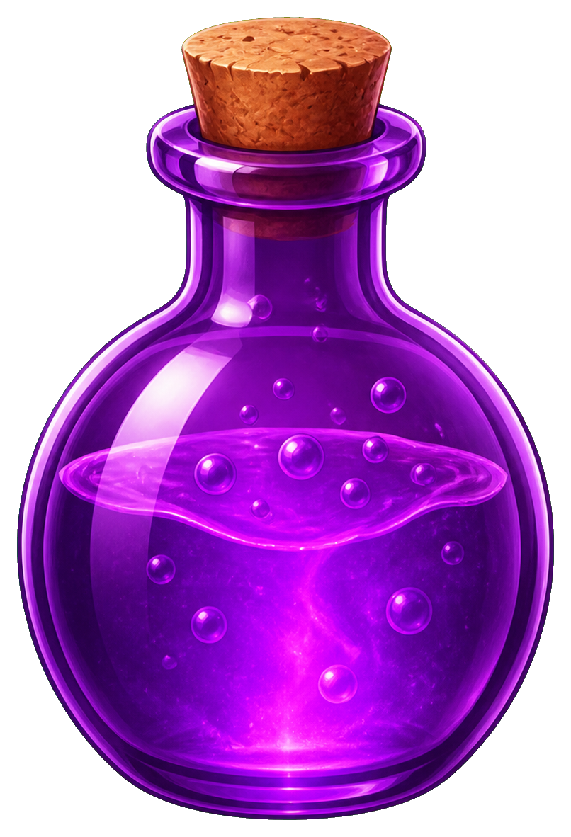 Purple glass potion bottle with a cork stopper and glowing liquid inside