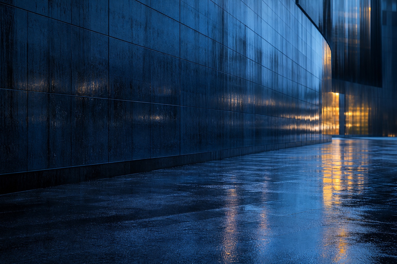 Blue-toned rainy city facade with wet pavement and reflected lights at dusk.