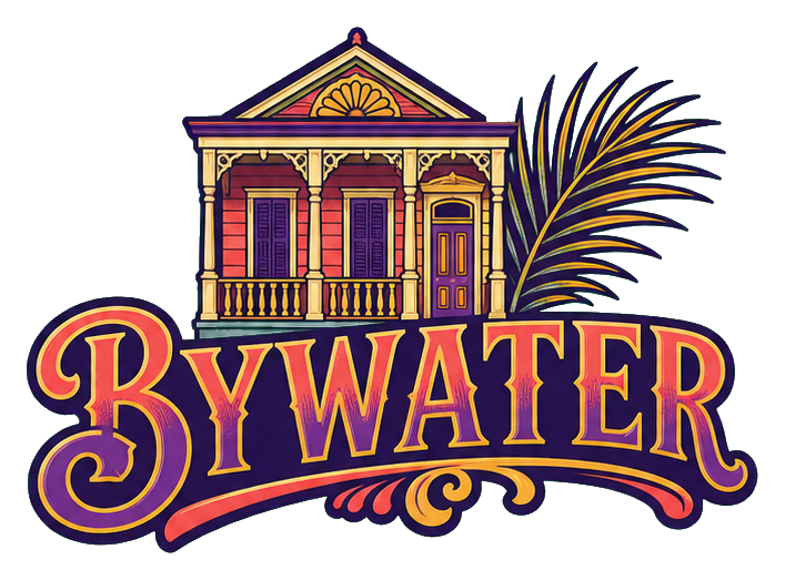 Retro Bywater word art with a house illustration and decorative palm frond