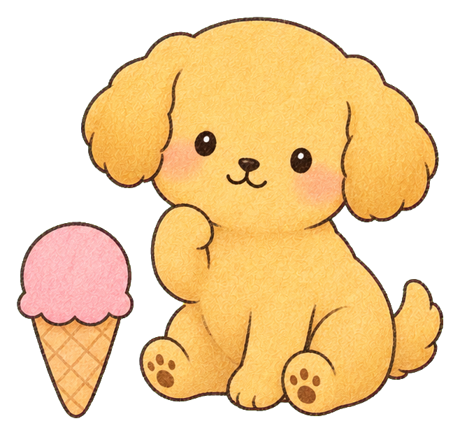 Cute kawaii puppy sitting beside an ice cream cone sticker