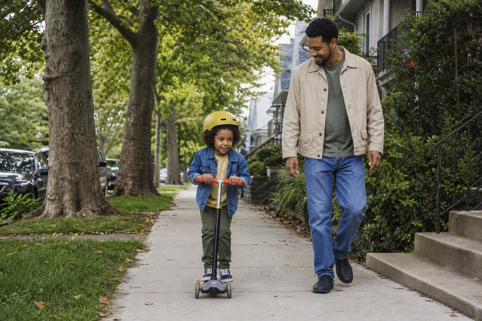 Adult walking beside a child riding a scooter on a tree-lined sidewalk