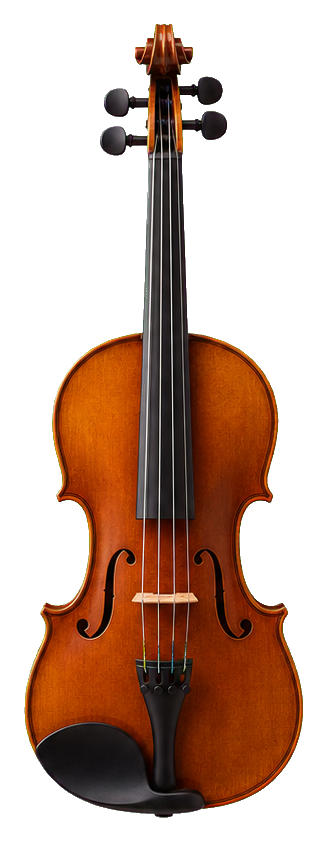 A brown violin with dark fingerboard, chin rest, and tuning pegs on a transparent background.