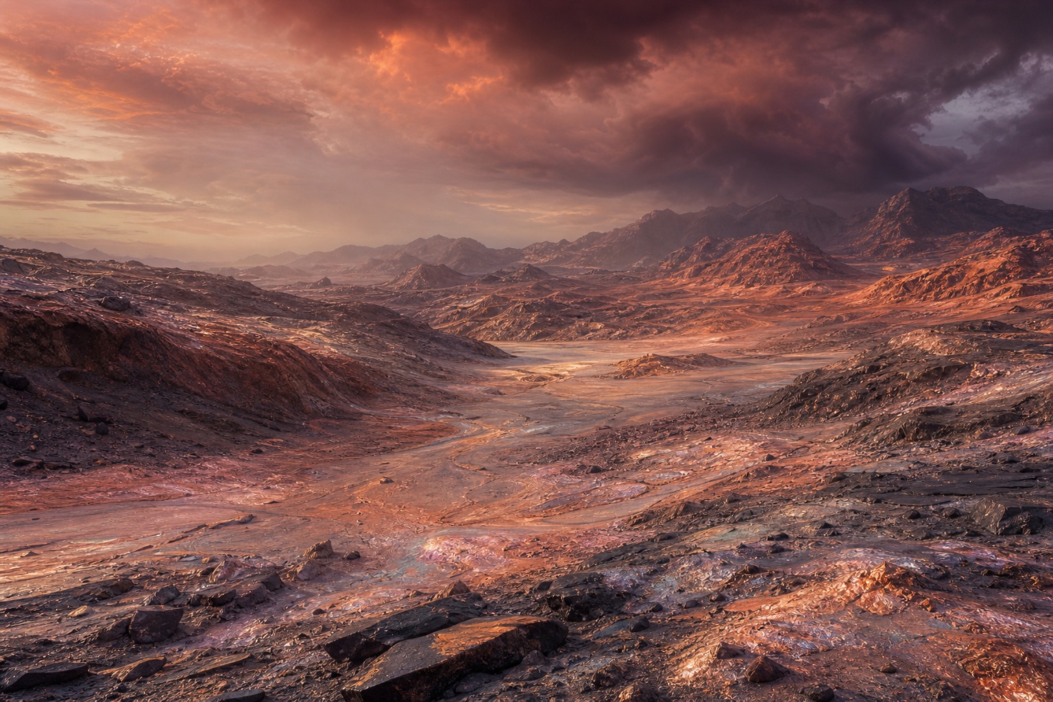 Iridescent dry ravine with copper-toned clouds over a sci fi desert landscape