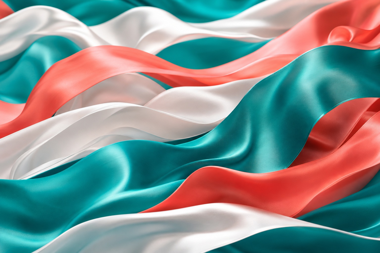 Flowing teal, white, and red fabric ribbons in an abstract wave pattern.