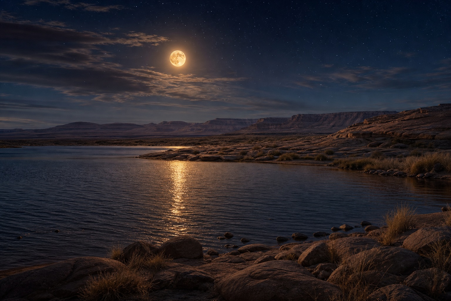 Moonlit water reflecting over a quiet shoreline beside rocky desert hills at night.