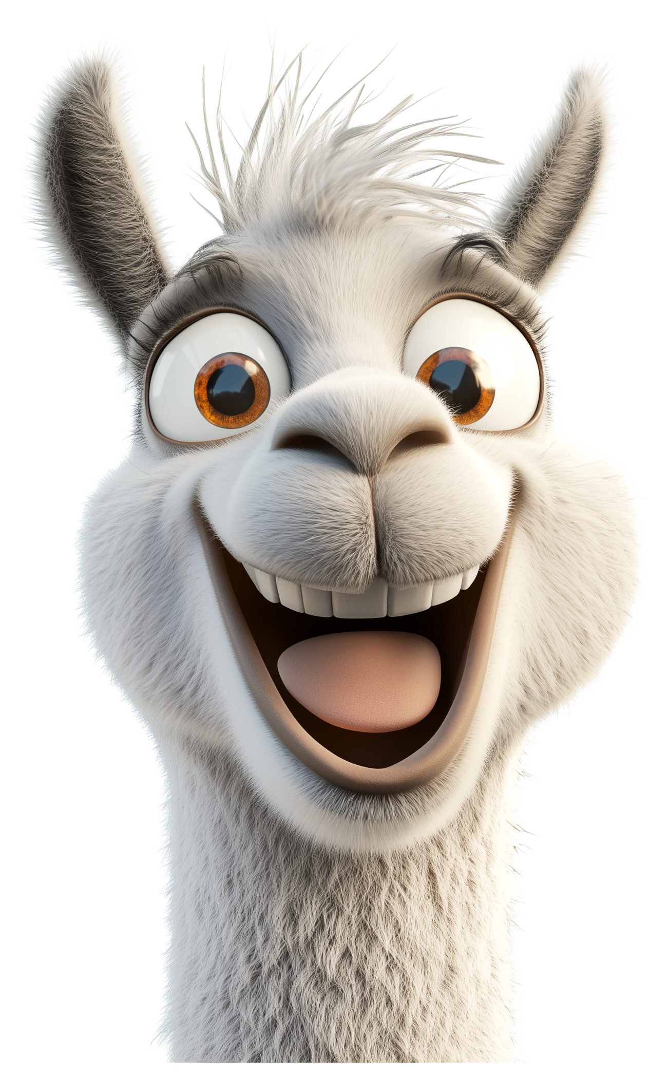 Smiling cartoon llama sticker with big eyes and open mouth