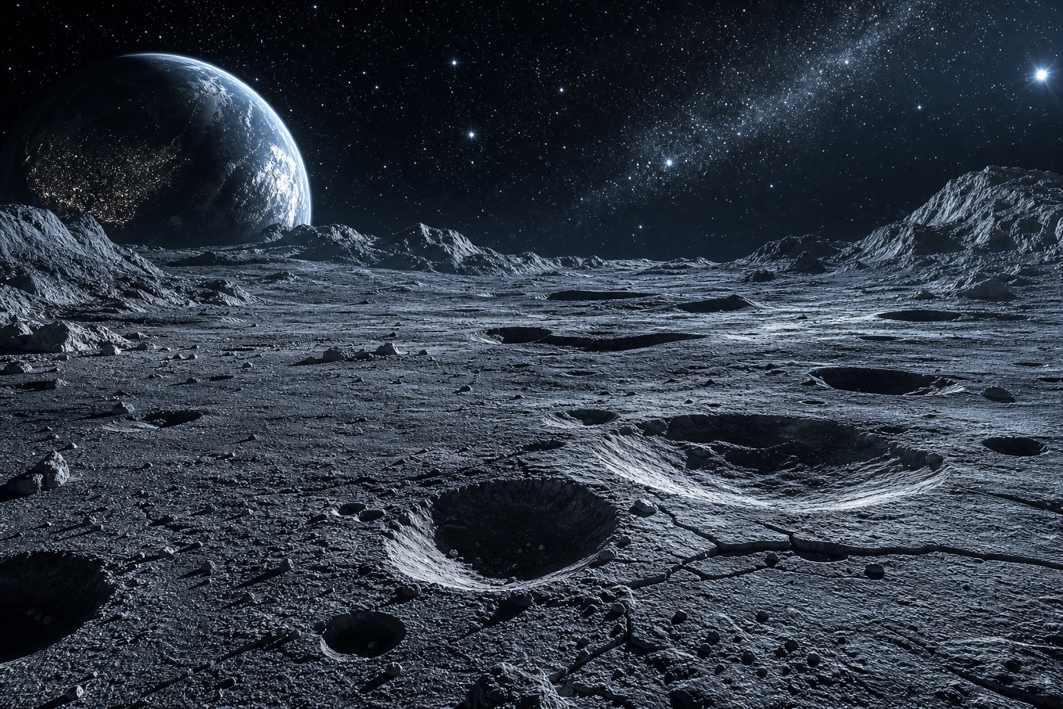 Cratered moon-like surface under a starry deep space sky with distant planets