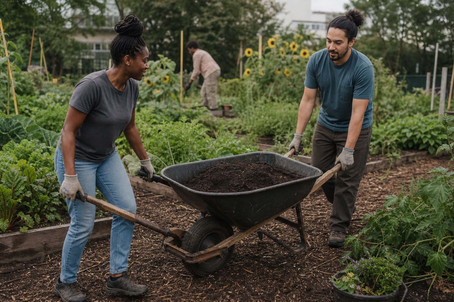 Two volunteers moving a wheelbarrow through a community garden while others work nearby.