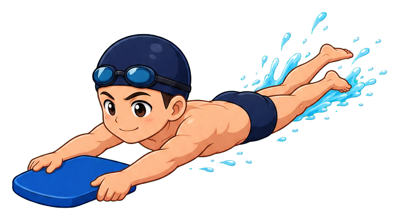 Cute cartoon swimmer holding a blue kickboard while swimming forward
