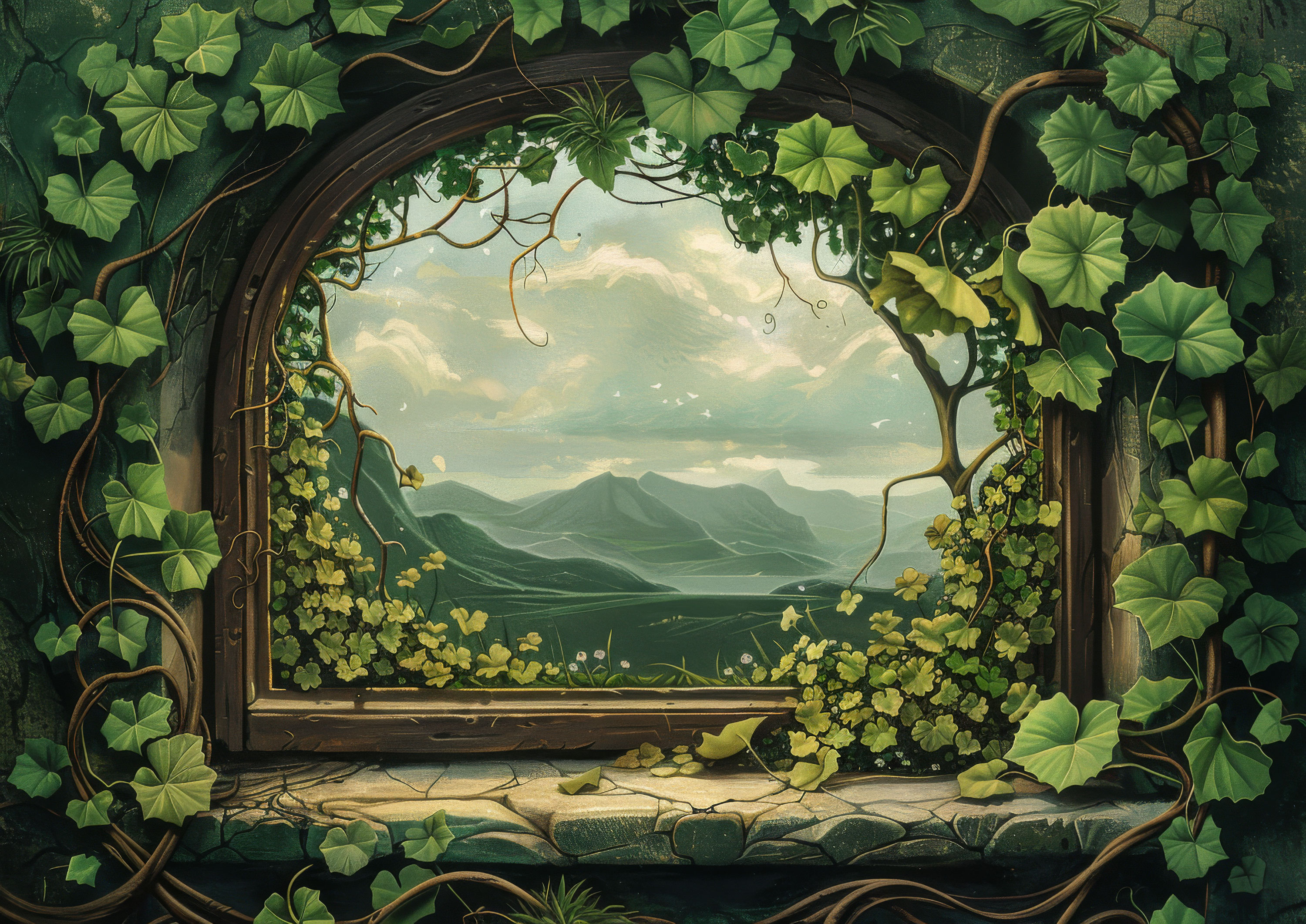 Preview for Serene-landscape-view-vine-covered-window-st-patricks-background-8143a