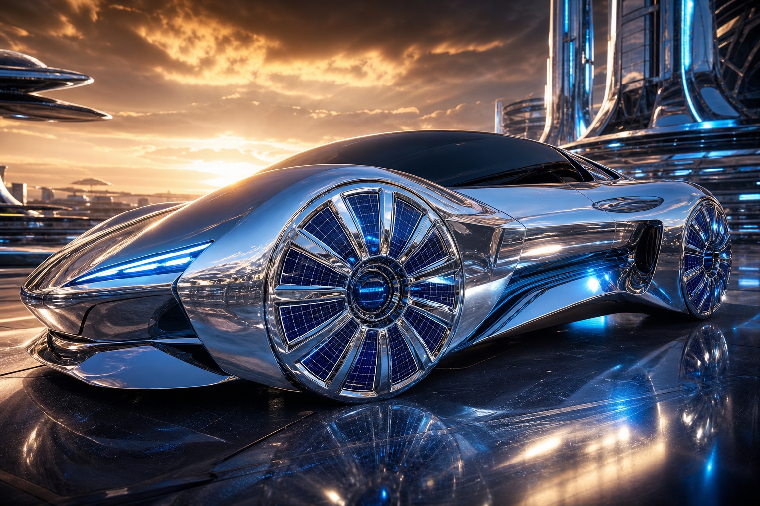 Futuristic chrome concept car on a glossy reflective surface at sunset