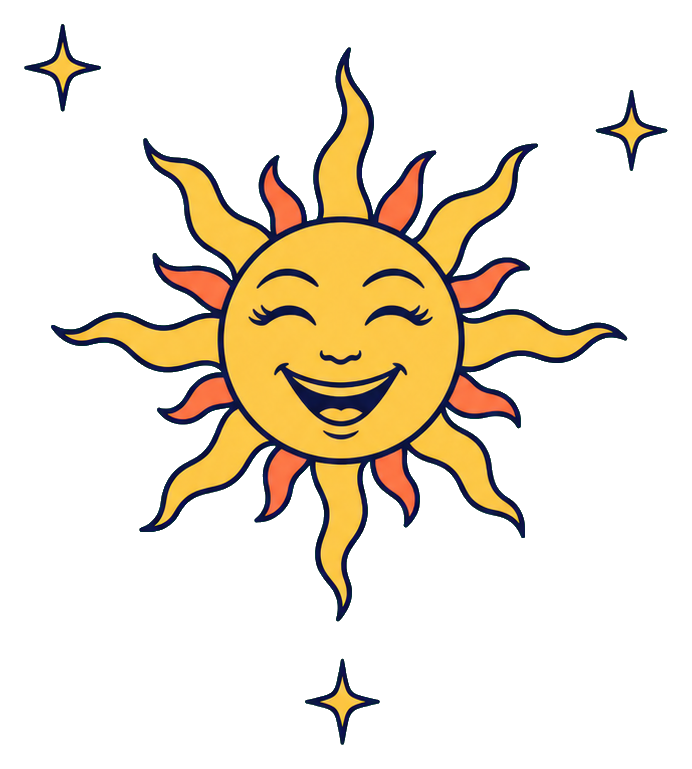 Smiling yellow sun with star-like rays and small stars around it