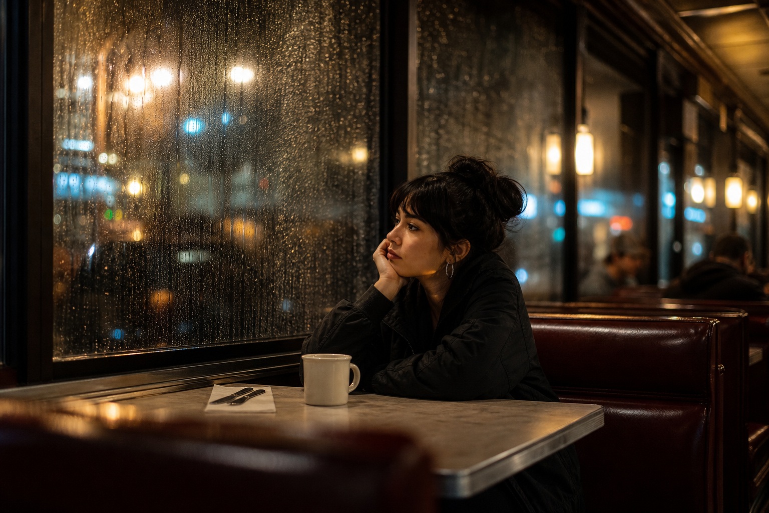 Woman sitting in a diner booth beside a rain-speckled window at night.