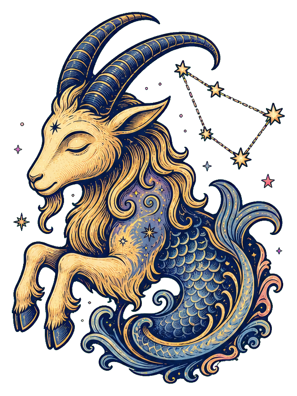 Ornate golden seagoat with starry constellation accents and swirling cosmic details