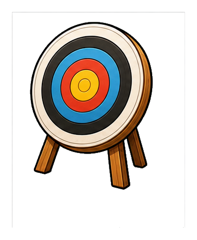 Blank archery target on a wooden stand with colored scoring rings.