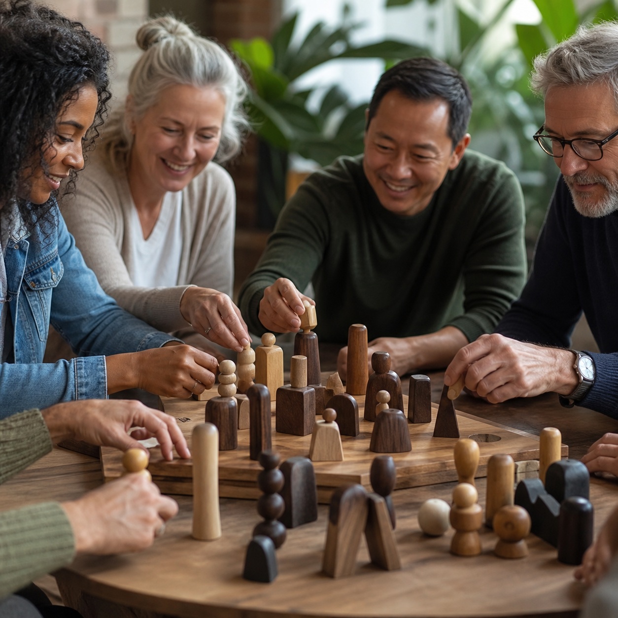 Group of multigenerational people arranging wooden pieces around a round table