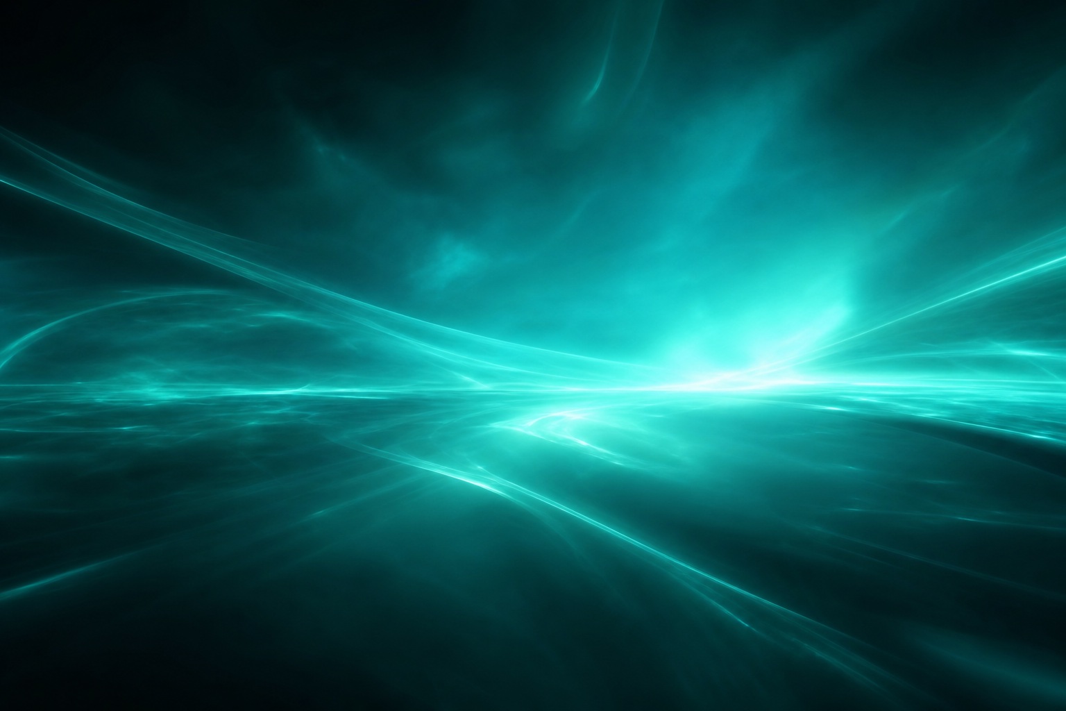 Bright teal light trails crossing a dark abstract background with a futuristic glow