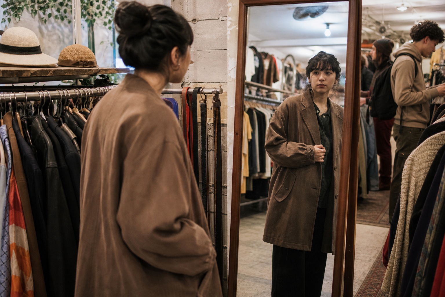 Person in a thrift store looking at a mirror reflection beside racks of vintage clothing.