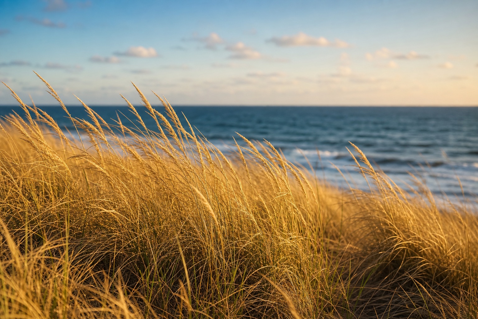 Golden dune grass in the foreground with ocean waves and a distant horizon