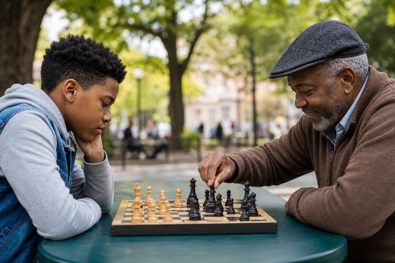 Two people playing chess at an outdoor table in a park.