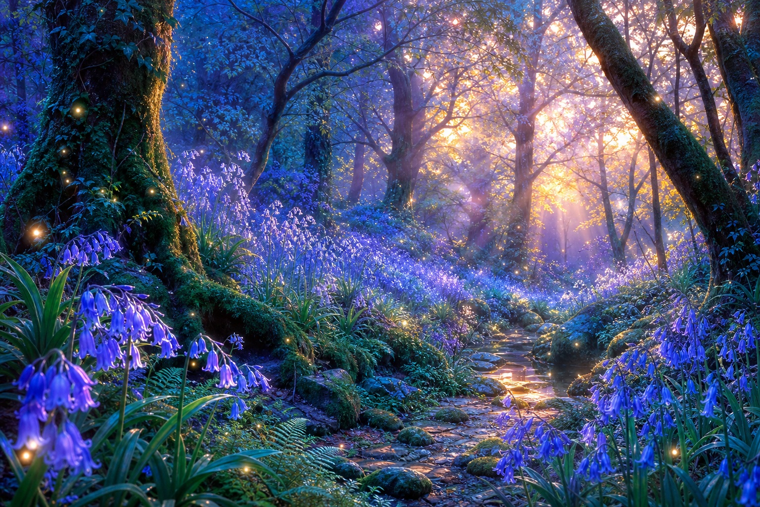 A glowing enchanted forest path with bluebells, mossy trees, and soft sunlight.