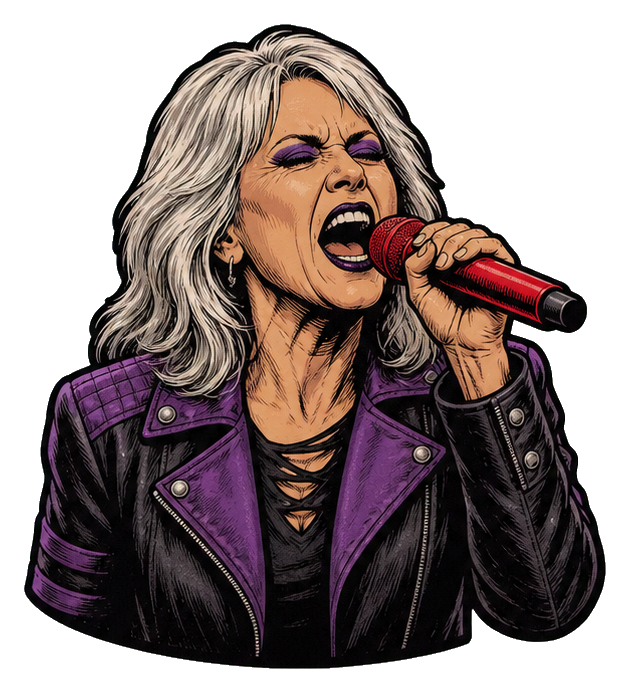 Silver-haired vocalist singing into a red microphone with a purple jacket.