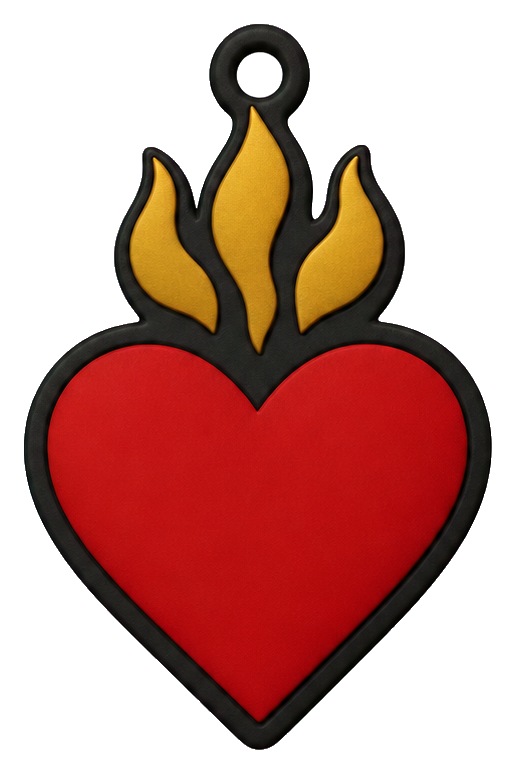 Red heart ornament with yellow flames rising from the top