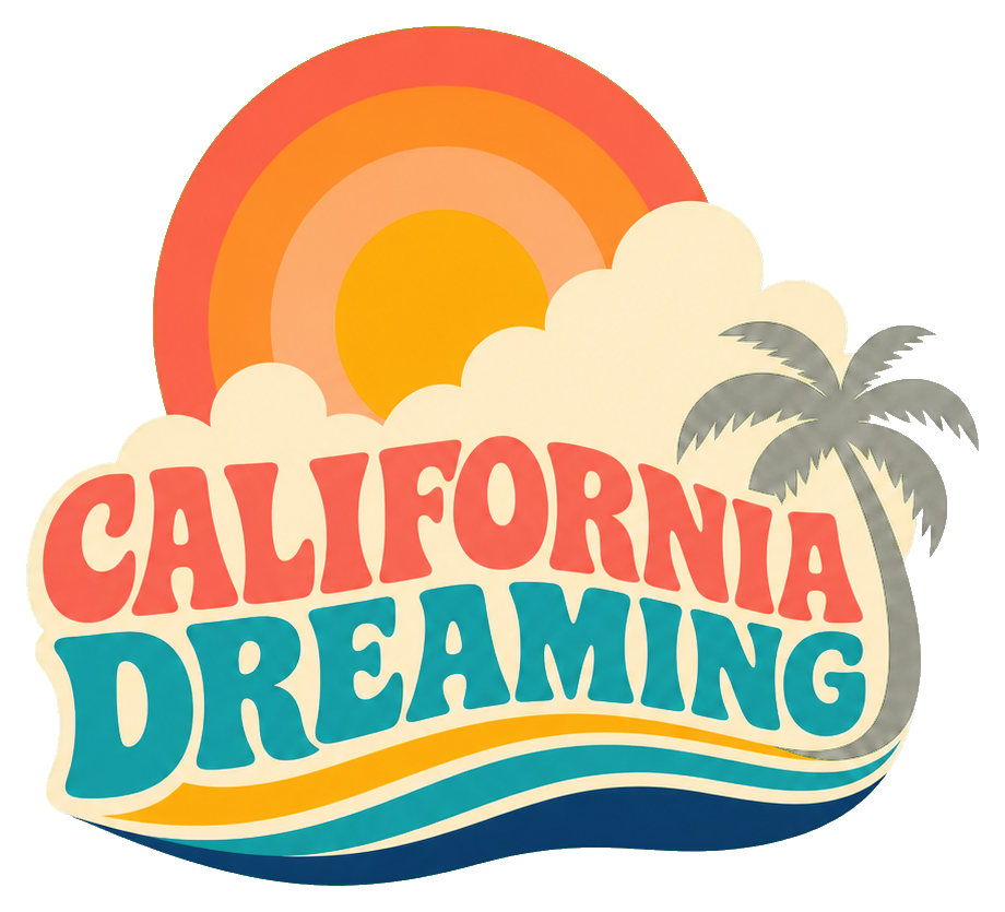 Retro California Dreaming text on a cloud with palm tree and sun accents.