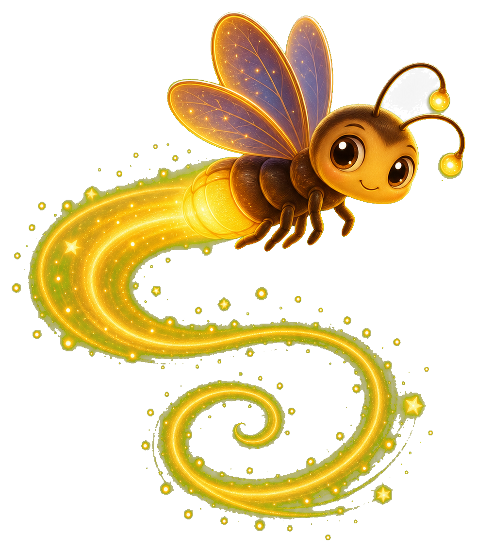 Cute glowing firefly with a sparkling yellow swirl trail on a black background.