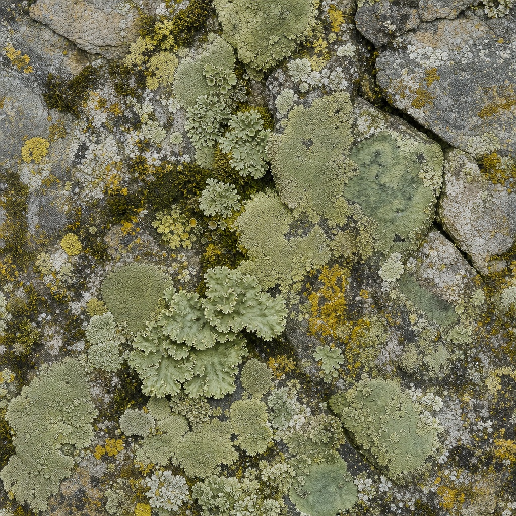 Green and gray lichen clusters growing across a rough stone surface.