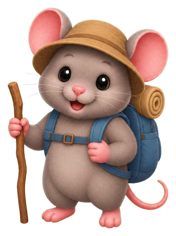 Cute cartoon mouse wearing a backpack and hat while holding a walking stick.