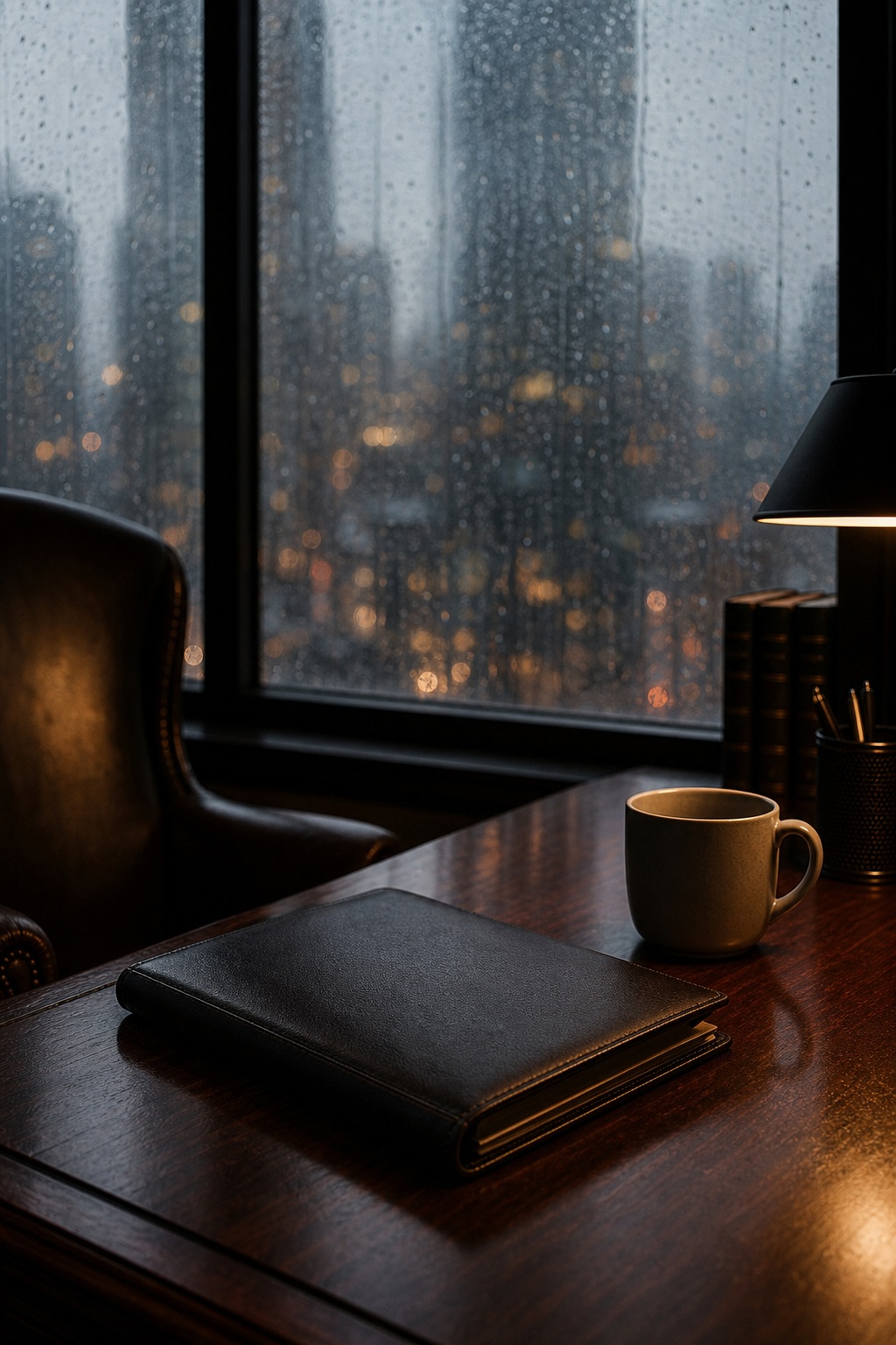 Desk with notebook and coffee mug beside a rainy window in a dark office