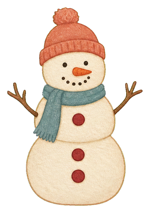 Cream snowman with coral hat, blue scarf, stick arms, and three red buttons