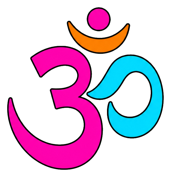 Bright neon Om symbol in pink, orange, and cyan on a black background