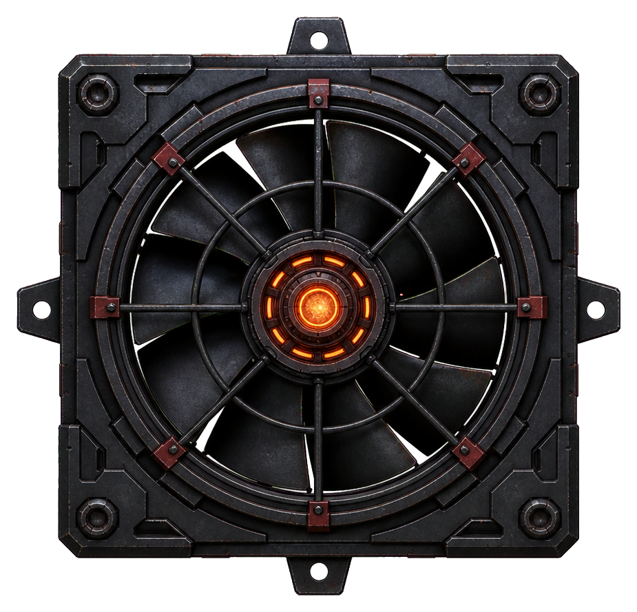 Black mechanical cooling fan graphic with orange glowing center and red accents