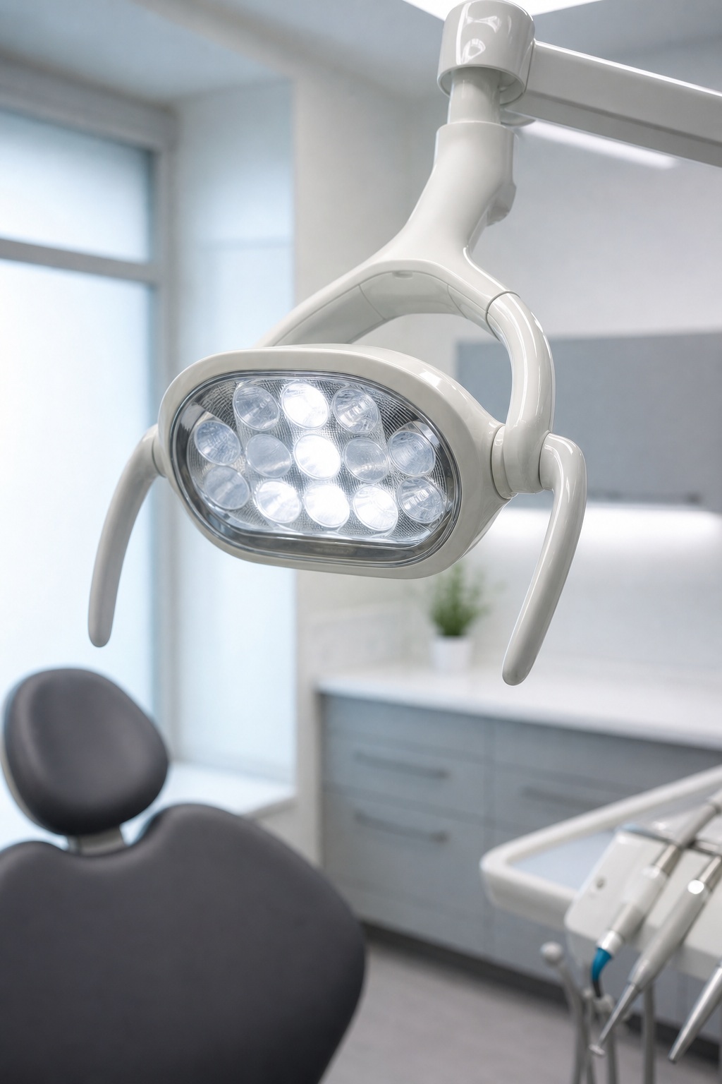 Soft-focus dental chair and overhead lamp in a clean modern dental clinic