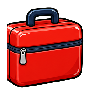 Red first aid kit with a black handle and zipper front