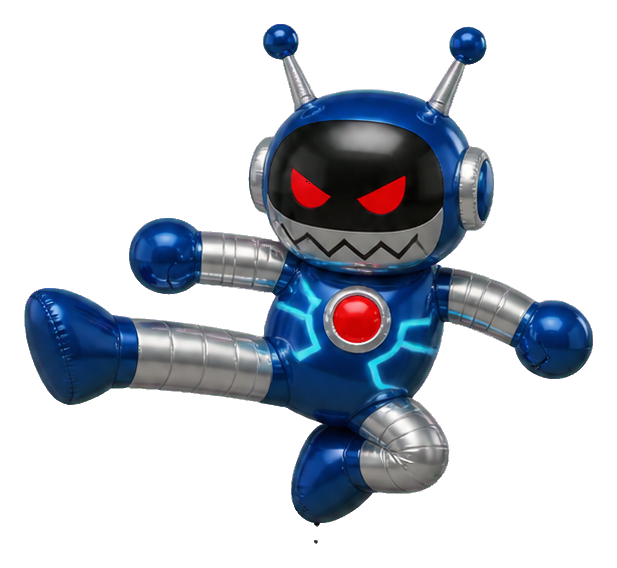 Glossy blue evil robot sticker doing a flying kick pose